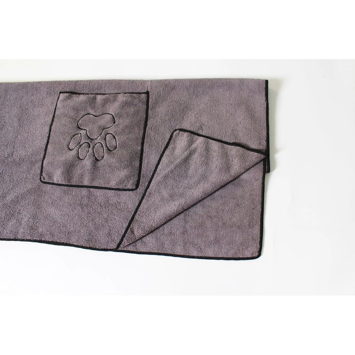 Folded corner of a gray pet drying towel beside a paw-detail hand pocket.