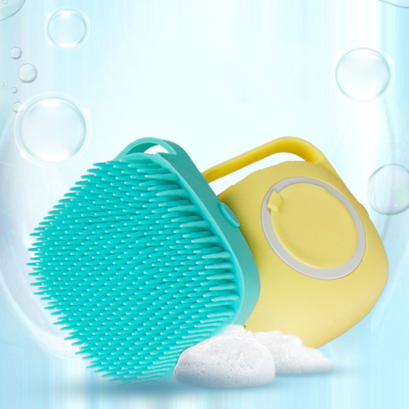 Flexible bristles and refillable backs of blue and yellow pet bath brushes