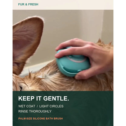 Hand using a blue silicone bath brush on a dog, with gentle washing instructions.