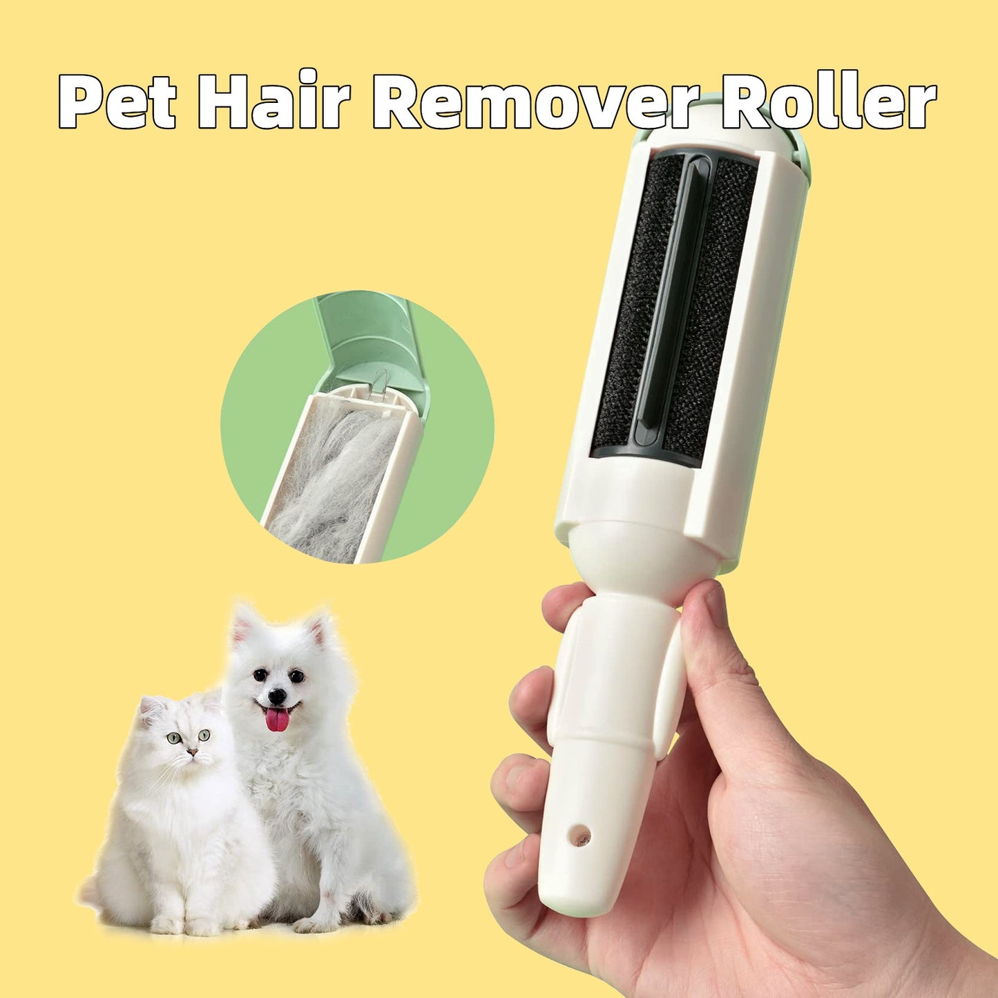 Reusable white and green pet hair roller with collection chamber