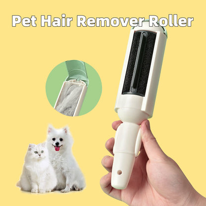 Reusable white and green pet hair roller with collection chamber