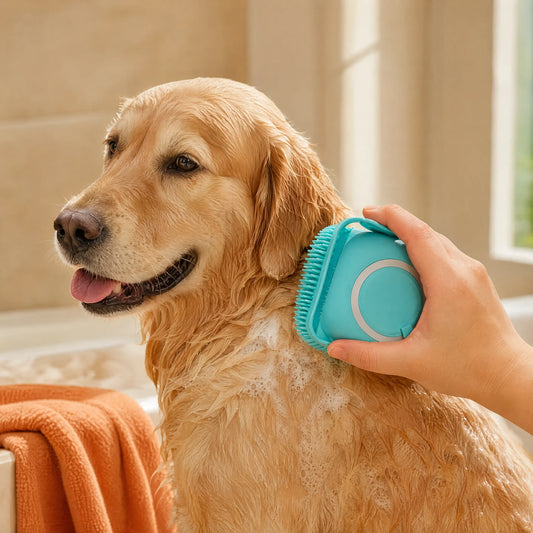 Hand holding a blue silicone bath brush against a golden dog in a bathroom.