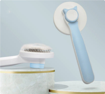 Blue self-cleaning pet grooming brush with push-button hair release