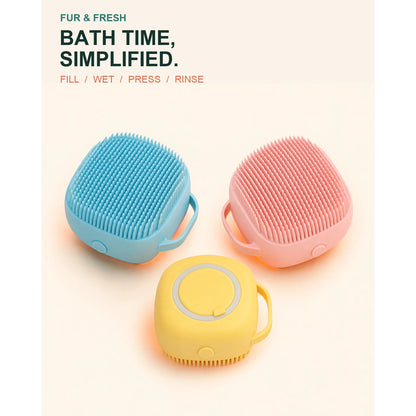 Blue, pink and yellow silicone bath brushes with fill, wet, press and rinse instructions.