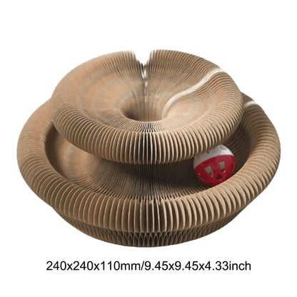 Accordion-style cat scratcher with red and white bell ball