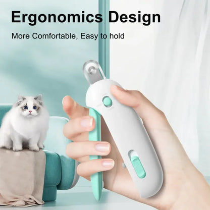 Blue and white adjustable-opening pet nail clippers held in one hand, with a cat nearby.