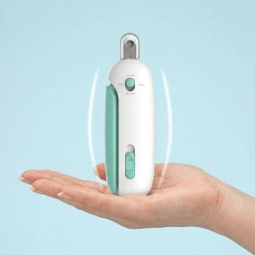 Blue and white adjustable-opening pet nail clippers resting on an open palm.