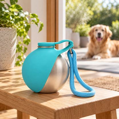 Blue and stainless steel pet water bottle with a folding bowl and carrying strap in a home setting.