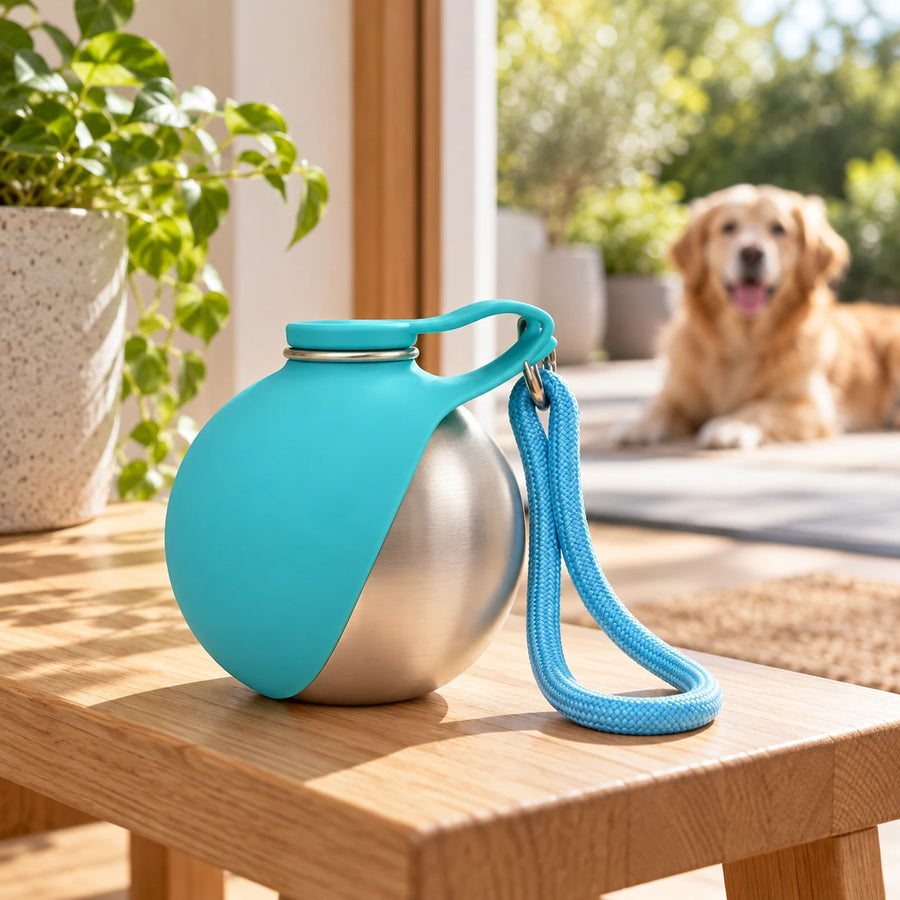 Blue and stainless steel pet water bottle with a folding bowl and carrying strap in a home setting.