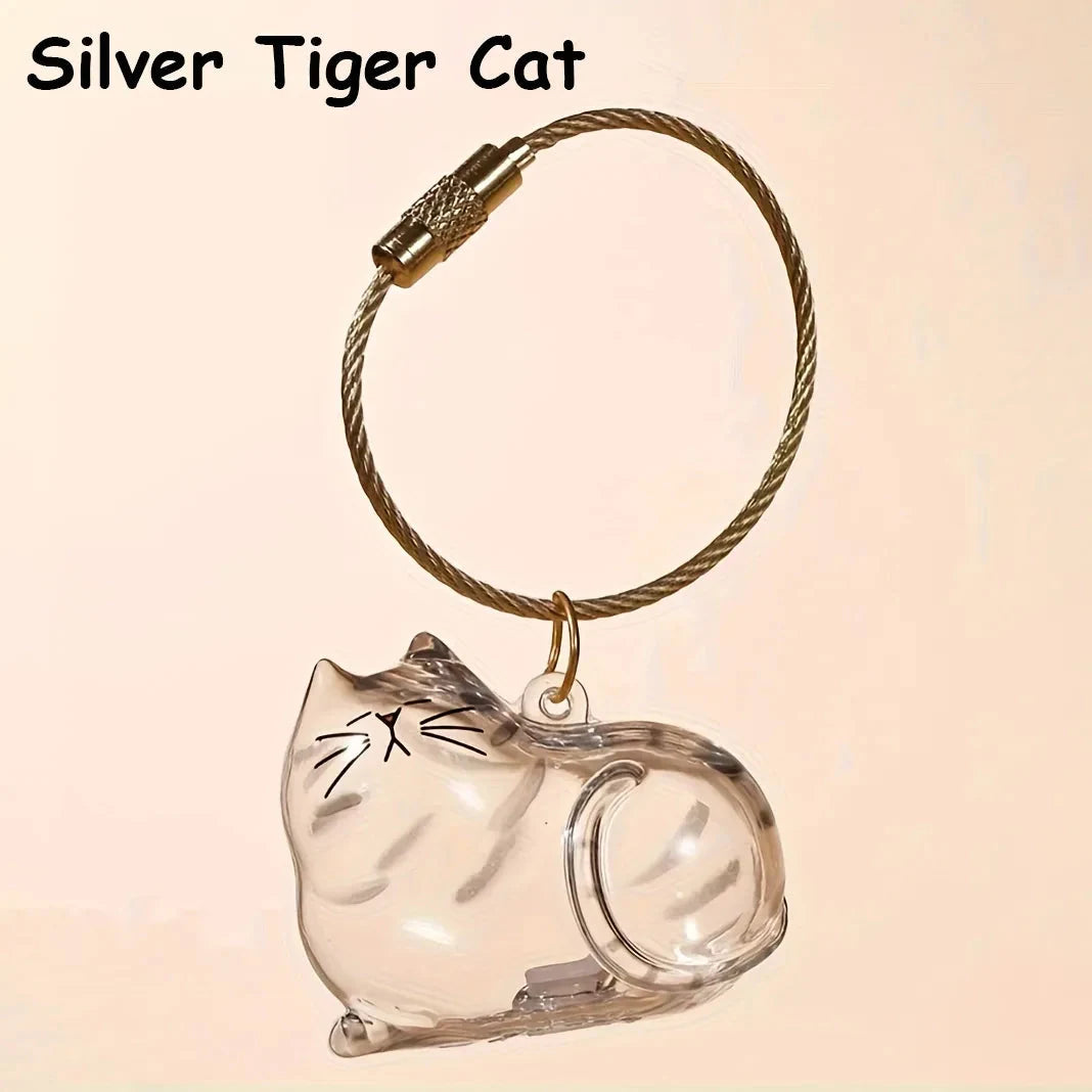 Silver Tabby keepsake keychain displayed on a peach background with its gold-tone loop.