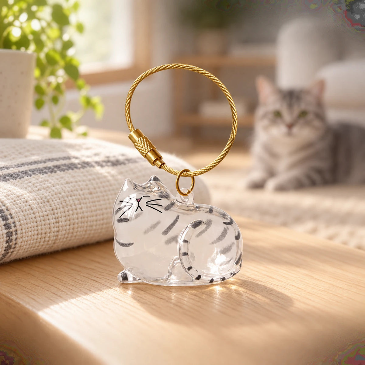 Clear Silver Tabby cat-shaped keepsake keychain with a gold-tone loop on a light wood surface.