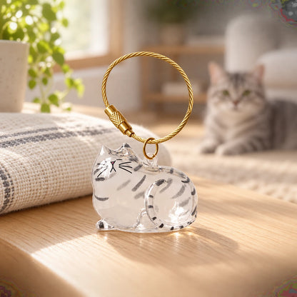 Clear Silver Tabby cat-shaped keepsake keychain with a gold-tone loop on a light wood surface.