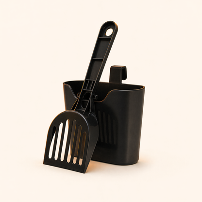 Black cat litter scoop with six vertical slots and matching storage holder on a soft cream background