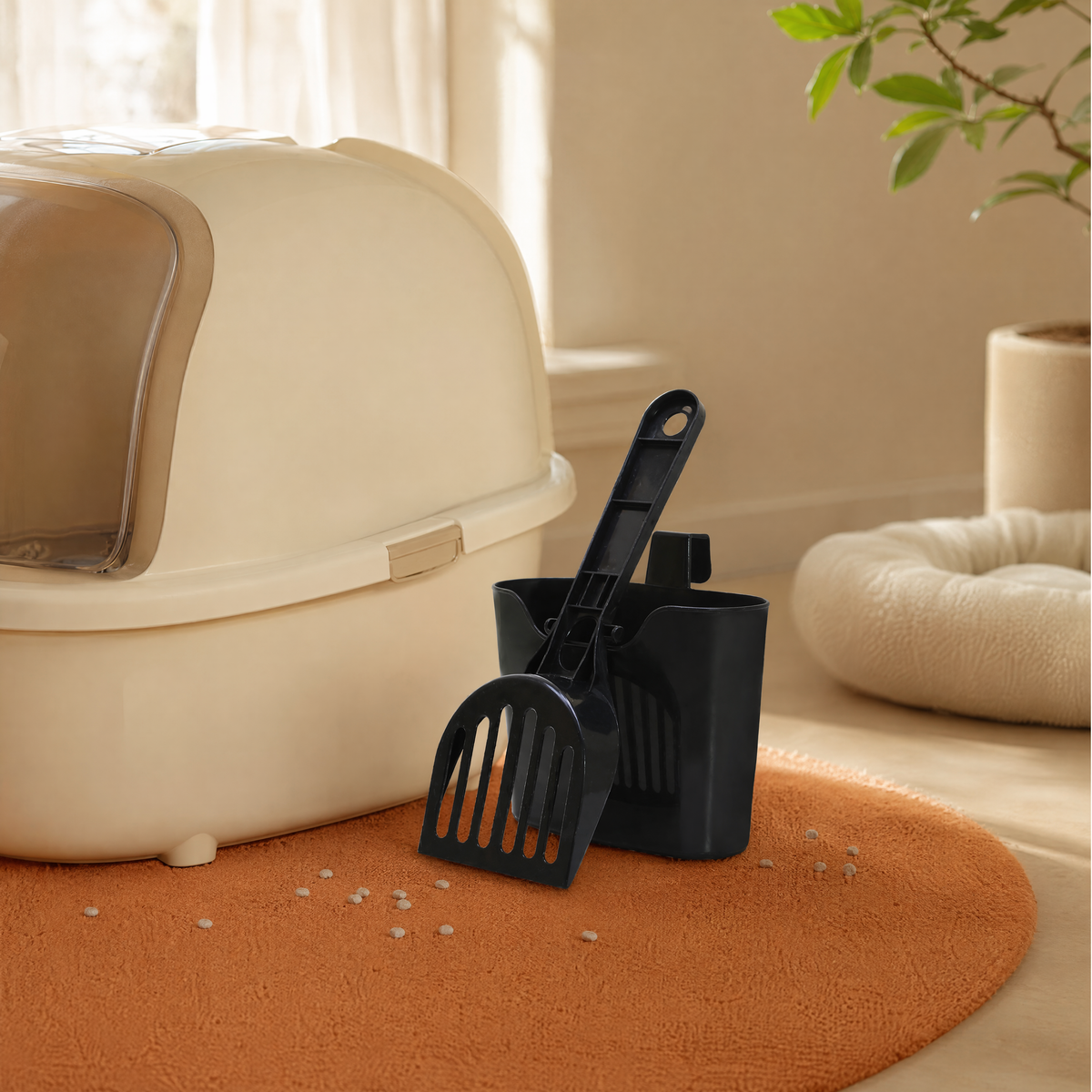 Black cat litter scoop stored upright in its holder beside a covered litter box