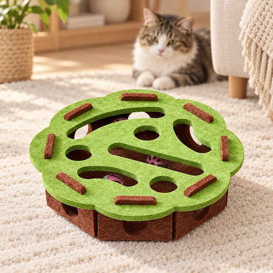 Green round felt cat puzzle with brown base and bell balls inside, with a cat in the background