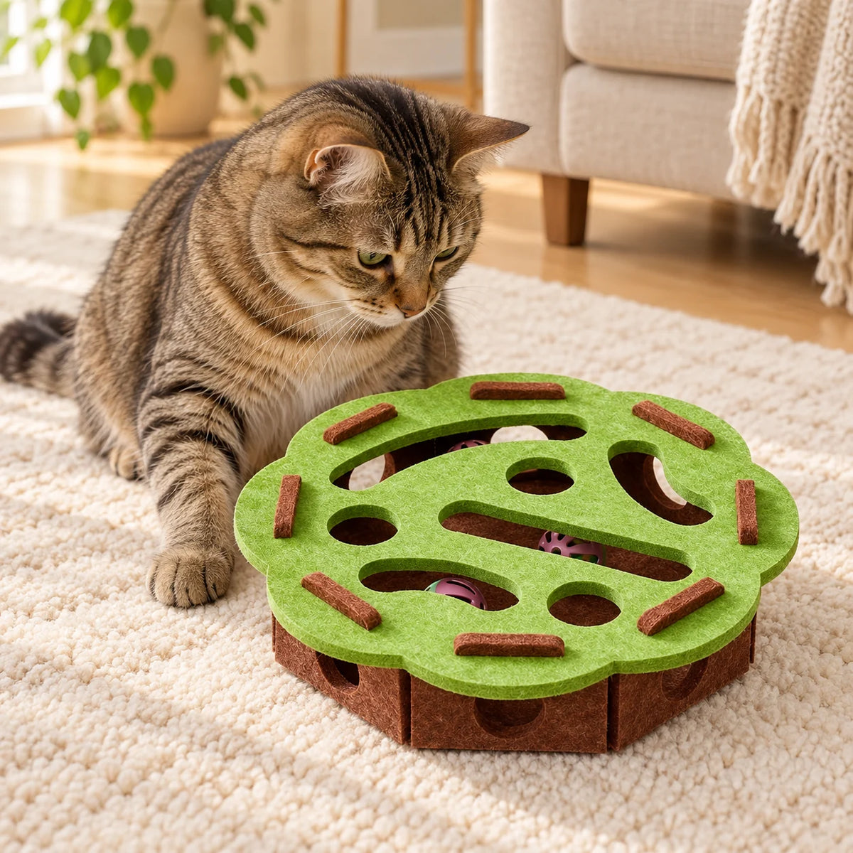 Tabby cat beside a green felt puzzle with brown base and bell balls inside