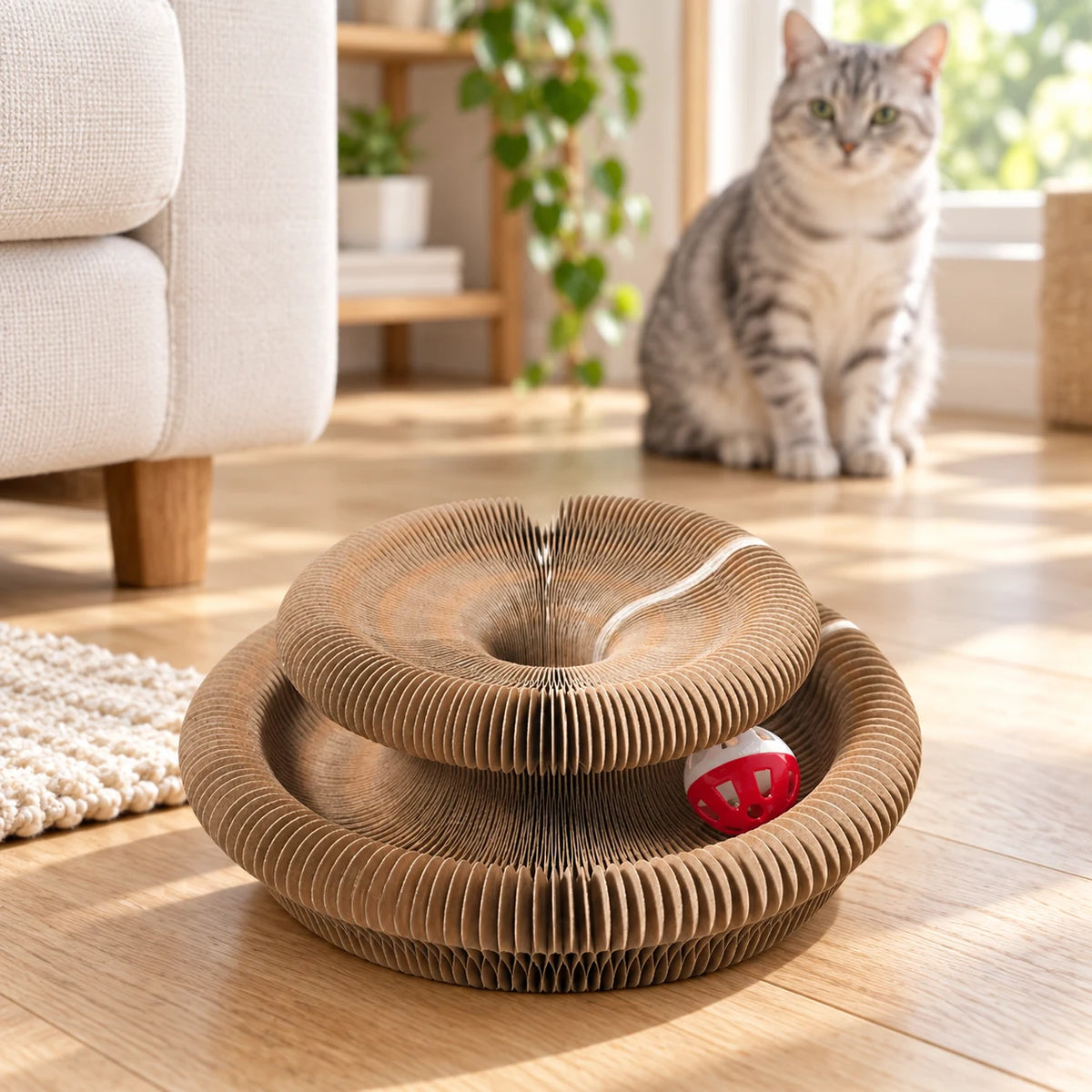 Style A folded accordion cat scratcher with a red-and-white ball beside a cat.