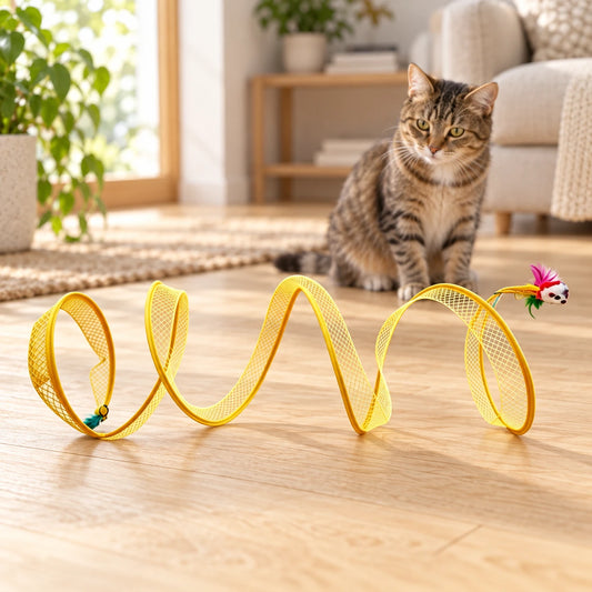 Yellow spiral mesh cat tunnel on a light wood surface, with a tabby cat in the background.
