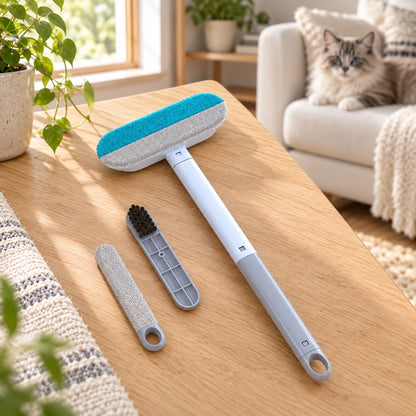 Long-handled blue-gray fabric hair removal tool and two small detail brushes beside an ivory sofa.