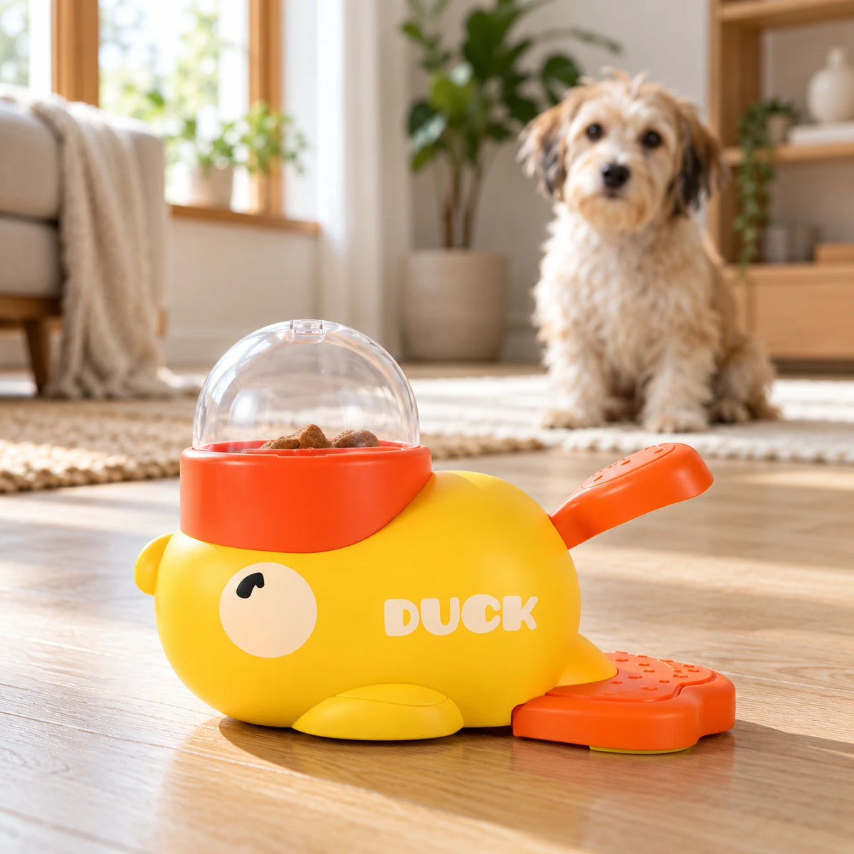 Yellow duck-shaped manual treat dispenser with a clear food chamber in a home setting.