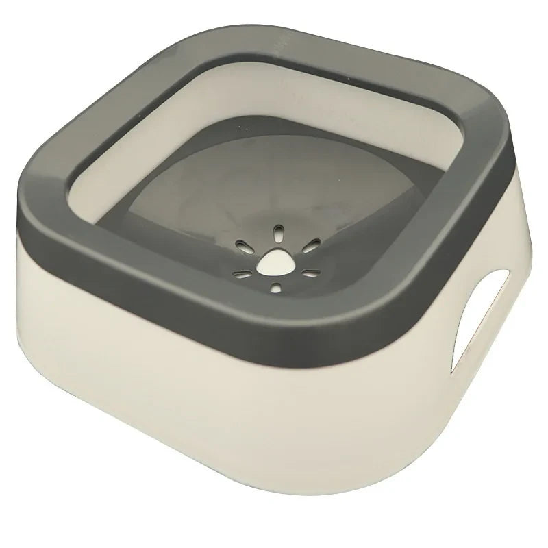 White pet water bowl with a gray floating disc on a white background.