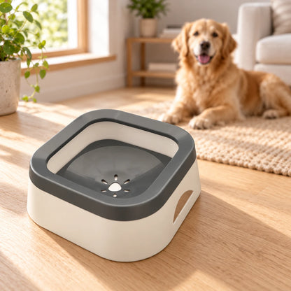 Gray and white floating-disc pet water bowl on a light wood surface, with a dog behind it.