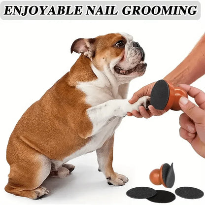 Person holding a dog paw against a wooden palm nail file, with replacement sanding pads shown.