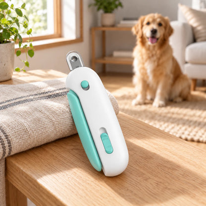 Blue and white manual pet nail clipper showing its adjustable round opening in a home setting.