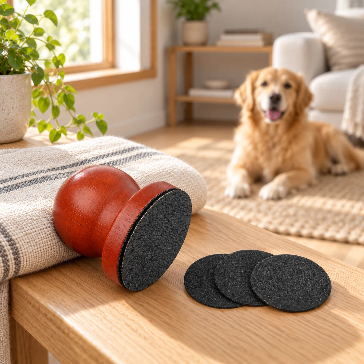 Wooden palm nail file with three dark sanding pads beside a resting dog.