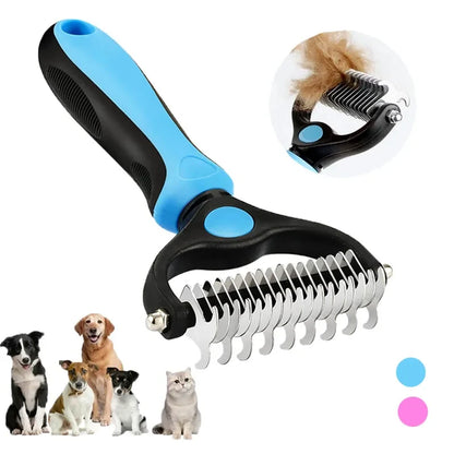 Blue and black double-sided pet dematting rake shown from the front on a white background.