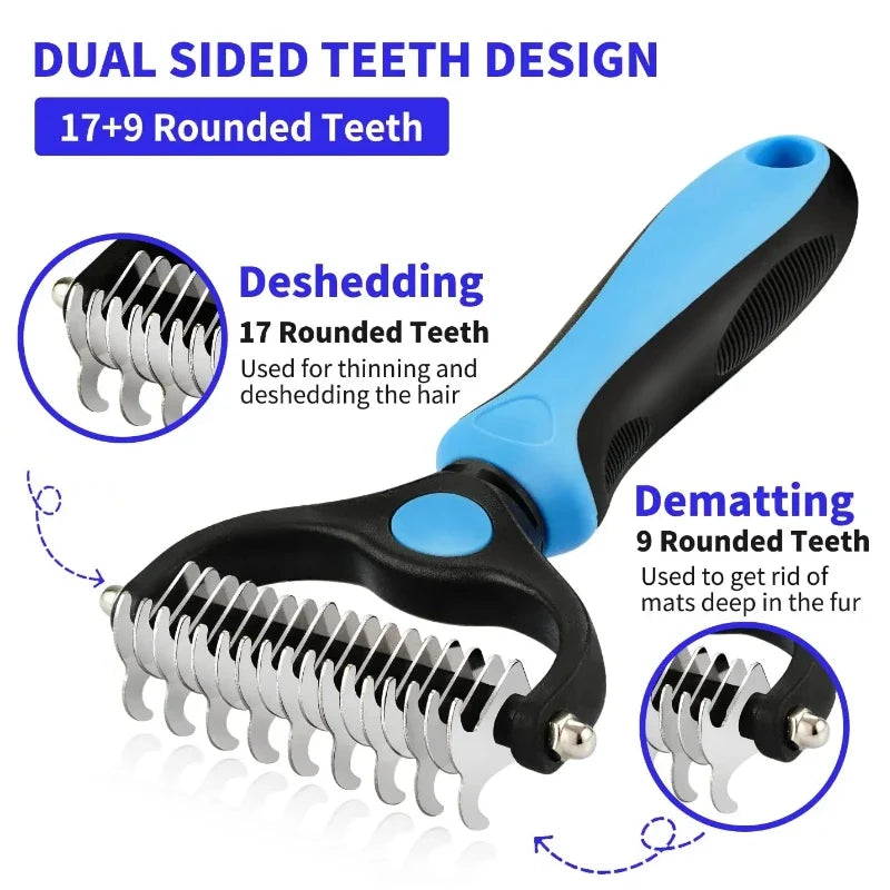 Diagram of the blue double-sided pet dematting rake showing its 9-tooth and 17-tooth sides.