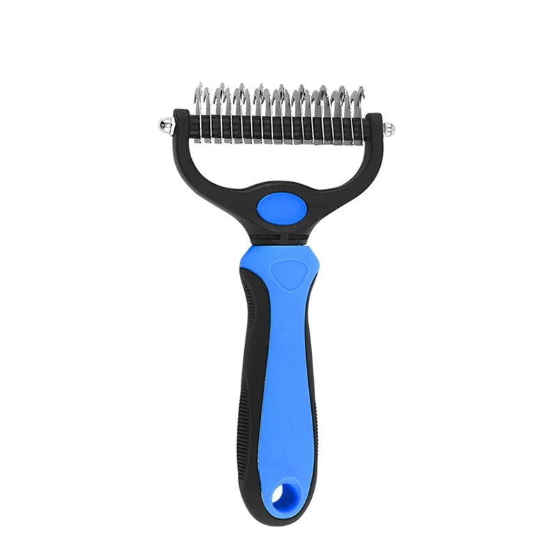 Blue and black handheld dematting rake with a curved metal-tooth head on a white background.