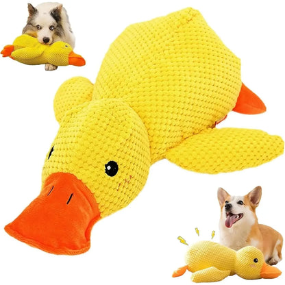Yellow plush squeaky duck dog toy on a white background, with a dog shown in an inset.