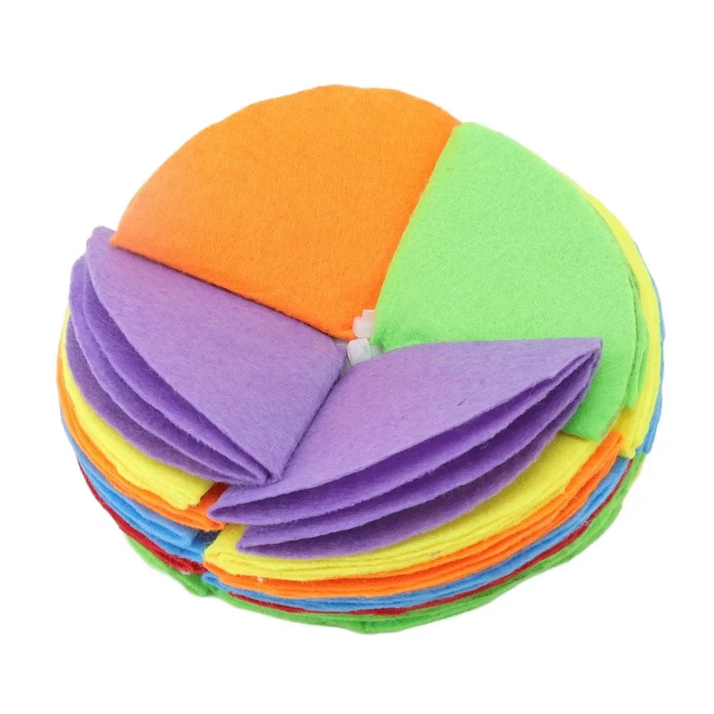 Rainbow felt snuffle ball shown partly unfolded on a white background.