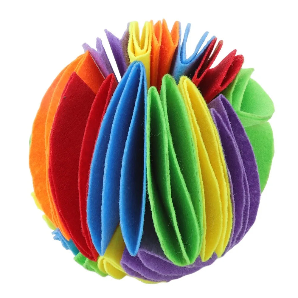 Rainbow folded felt snuffle ball with layered treat pockets