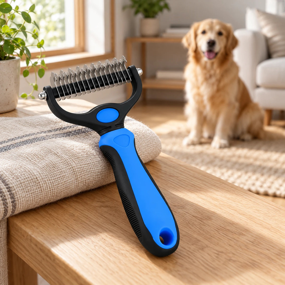 Blue and black double-sided grooming rake on a light wood surface with a dog in the background.