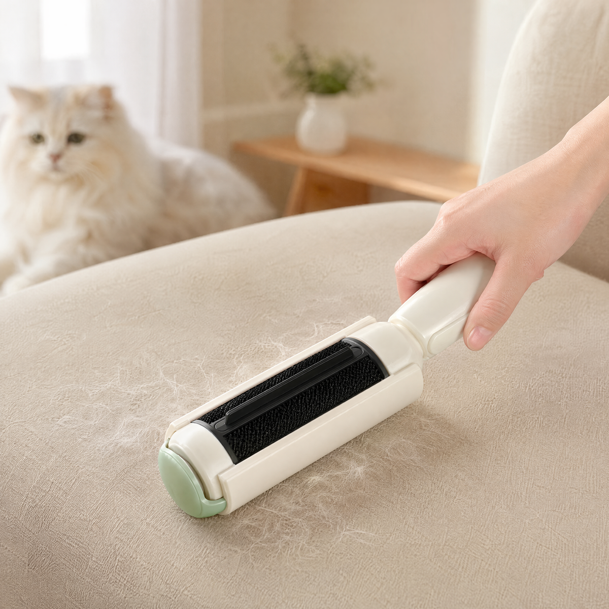 Reusable white and green pet hair roller removing loose cat hair from a beige sofa