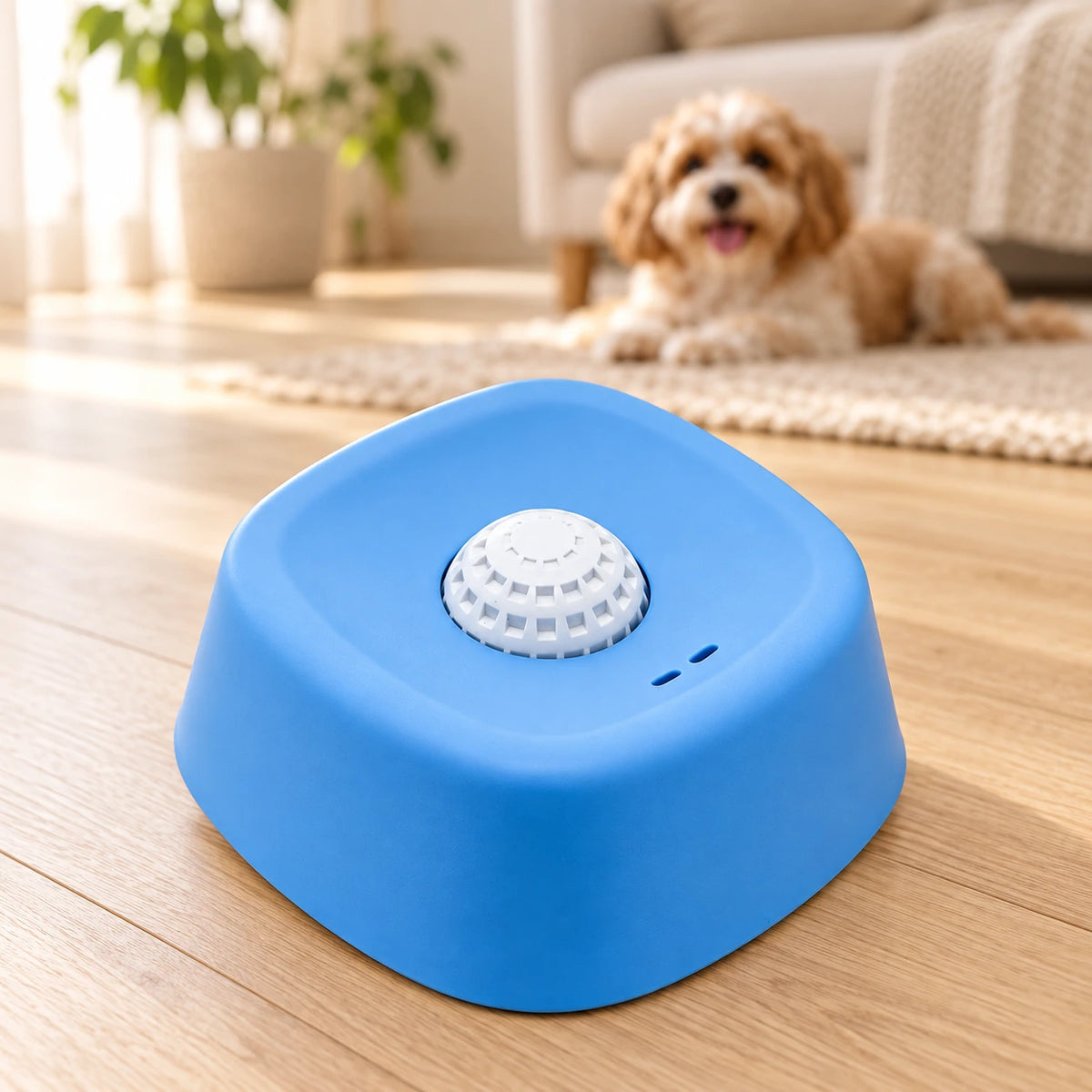 Blue rolling lick bowl with a white perforated ball on a light oak floor