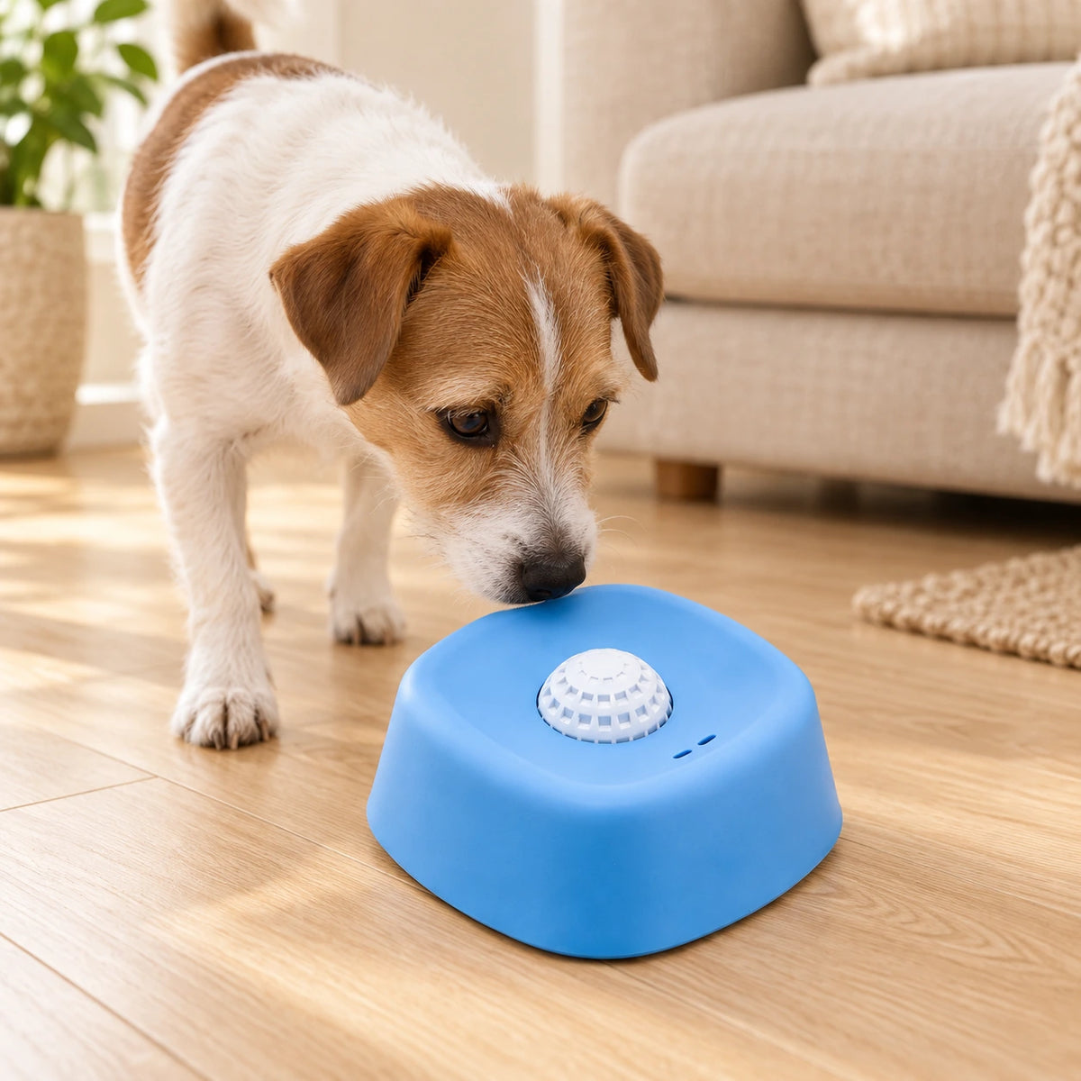Small dog sniffing beside a blue lick bowl with a white rolling ball