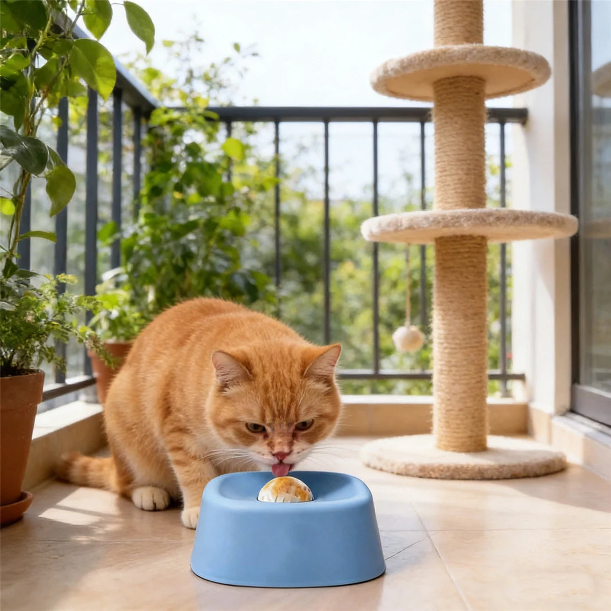 Orange cat licking the white ball in a blue rolling lick bowl on a floor.