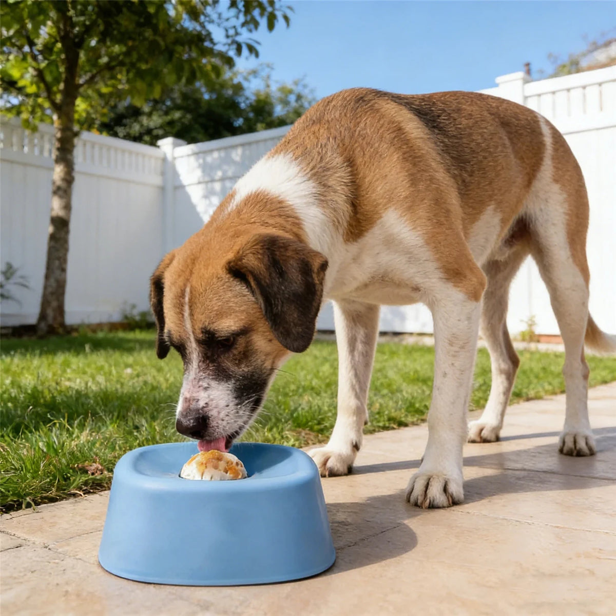 Dog licking a blue rolling lick bowl with a white ball outdoors.