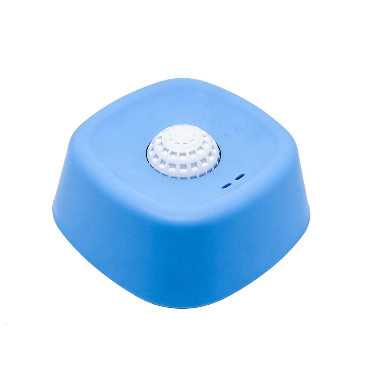 Blue rounded-square lick bowl with white perforated rolling ball