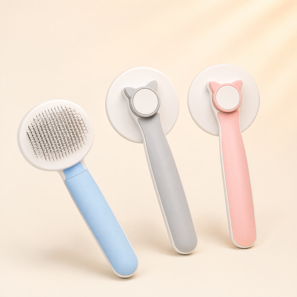 Blue, grey, and pink self-cleaning pet grooming brushes on a soft cream background