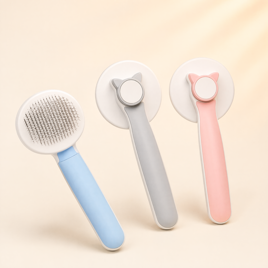 Blue, grey, and pink self-cleaning pet grooming brushes on a soft cream background