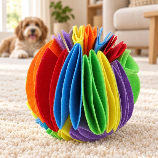 Rainbow folded felt snuffle ball on an ivory rug with a dog in the background