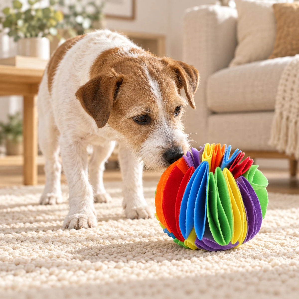 Small dog sniffing a rainbow folded felt snuffle ball on an ivory rug