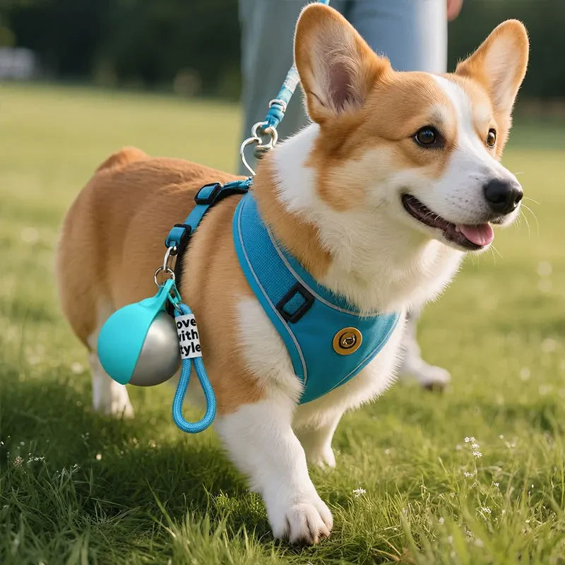 Folded blue bowl and stainless steel pet water bottle carried beside a dog outdoors.