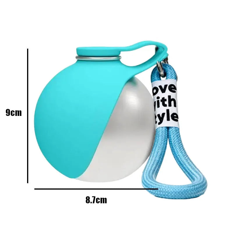 Compact pet water bottle with a blue fold-out bowl and carrying strap, with metric dimensions shown.