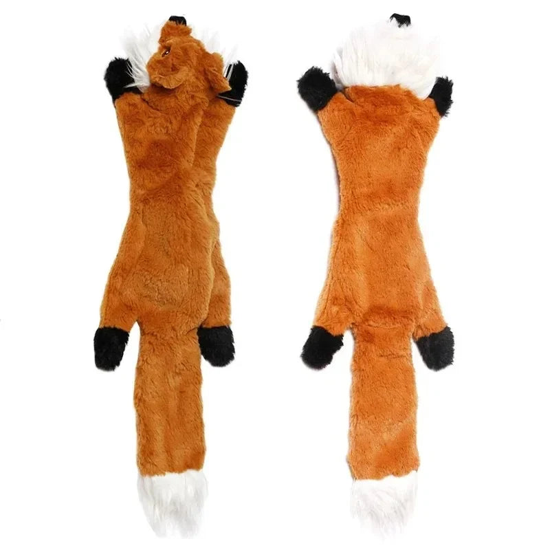 Front and back views of the single orange fox stuffing-free dog toy on a white background.
