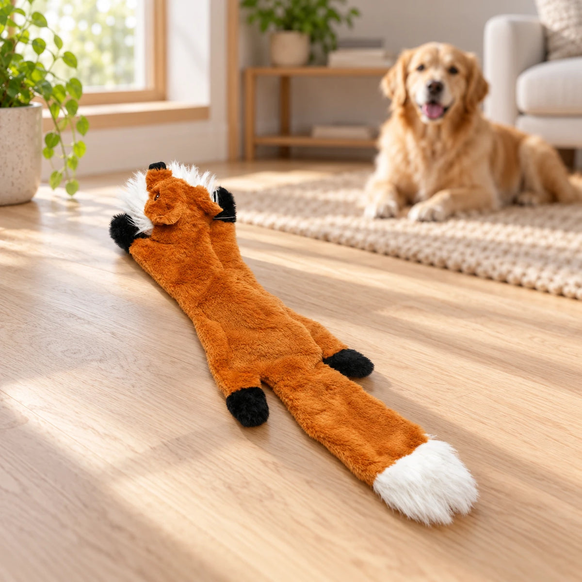 Single orange-brown stuffing-free fox dog toy with a white tail tip on a light wood surface.